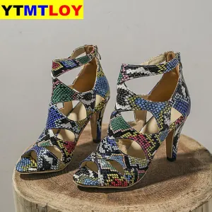 Womens Summer Sandals Sexy Exquisite High Heels Ladies Increased Stiletto Super Peep Toe Ankle Strap Pumps Snake pattern