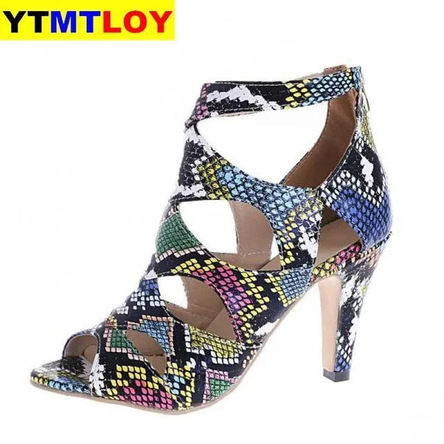 Womens Summer Sandals Sexy Exquisite High Heels Ladies Increased Stiletto Super Peep Toe Ankle Strap Pumps Snake pattern
